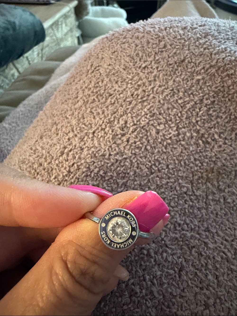 Michael Kors Silver Logo Crystal Ring - Pink Accent